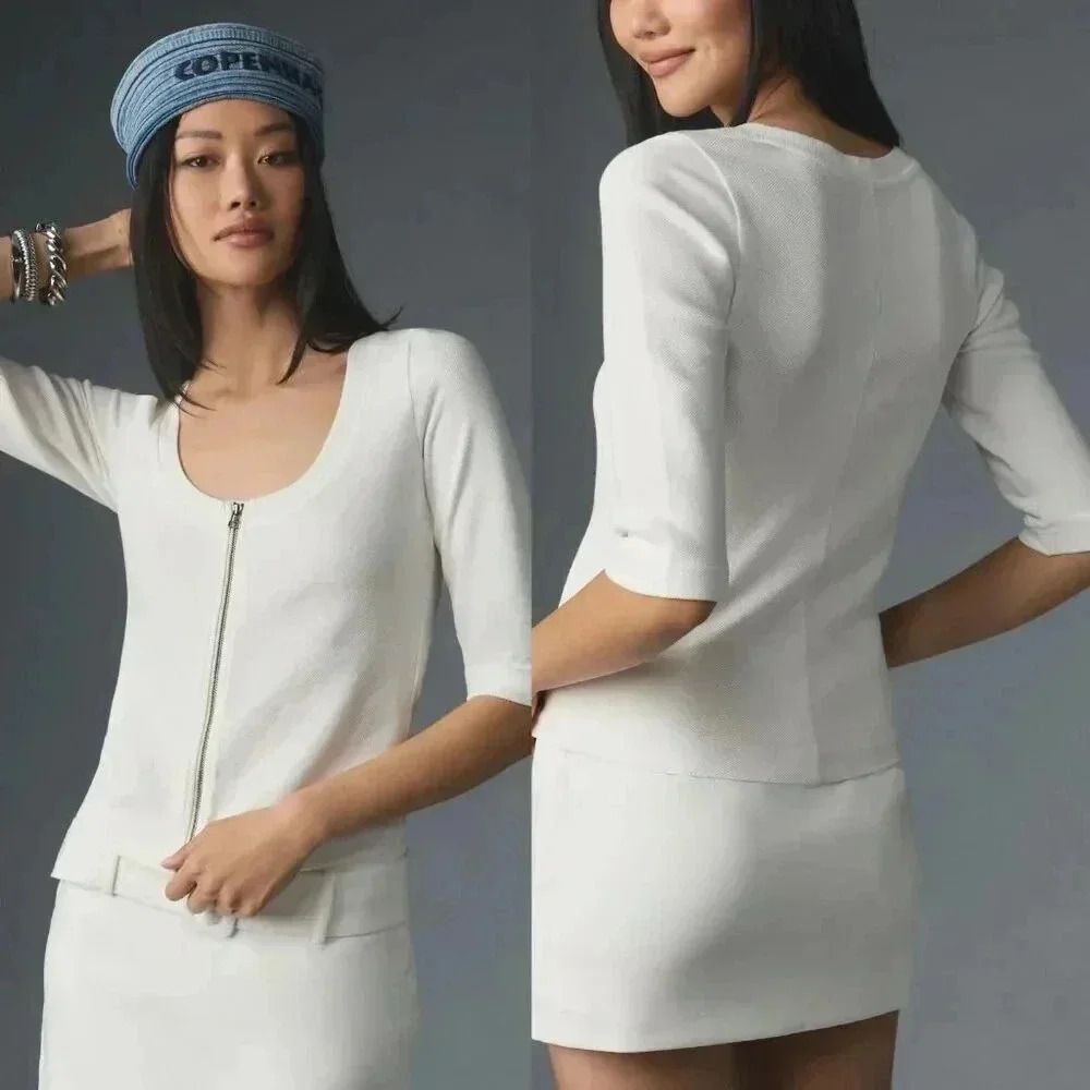 Anthropologie Maeve Front-Zip Scoop-Neck Top in White Size Small NWOT $68